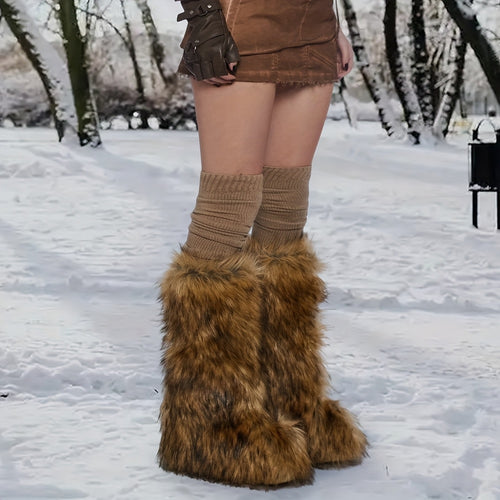 Women's Furry Fluffy Boot Faux Fur Long Snow Boot Knee High Boots Warm Comfortable Outdoor Flat Shoes, Women Shoes