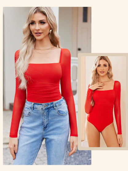 Women'S Square Neck Mesh Long Sleeve Bodysuit Shirts Ruched Body Suit Sexy Sheer Tops Date Night Outfit