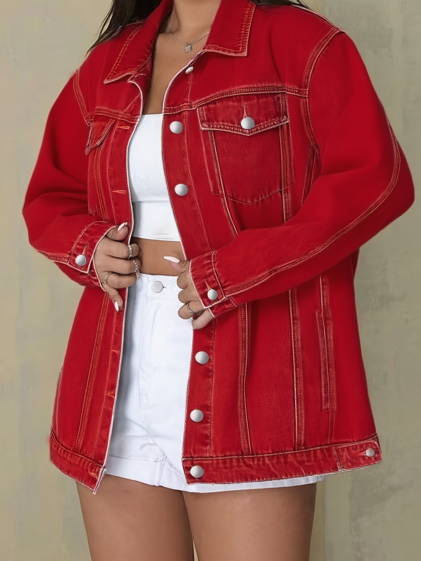 Plus Size Solid Color Collared Button-Front Denim Jacket - Women's Mature Stylish Street Casual Style Loose Fit Daily Comfortable Autumn Winter Plus Size Denim Top