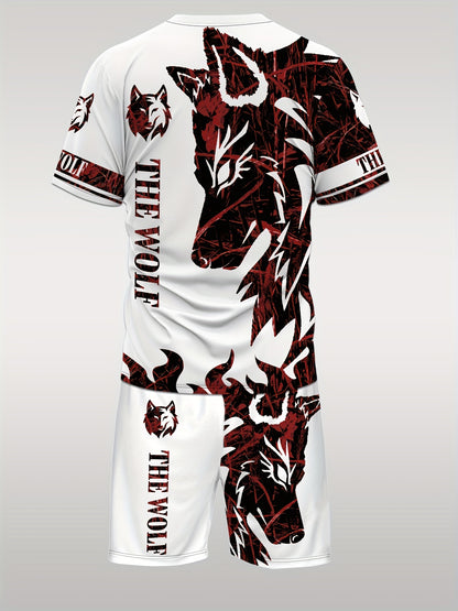 Summer Men's wolf pattern casual round neck short-sleeved T-shirt and shorts 2pcs set, suitable for outdoor activities