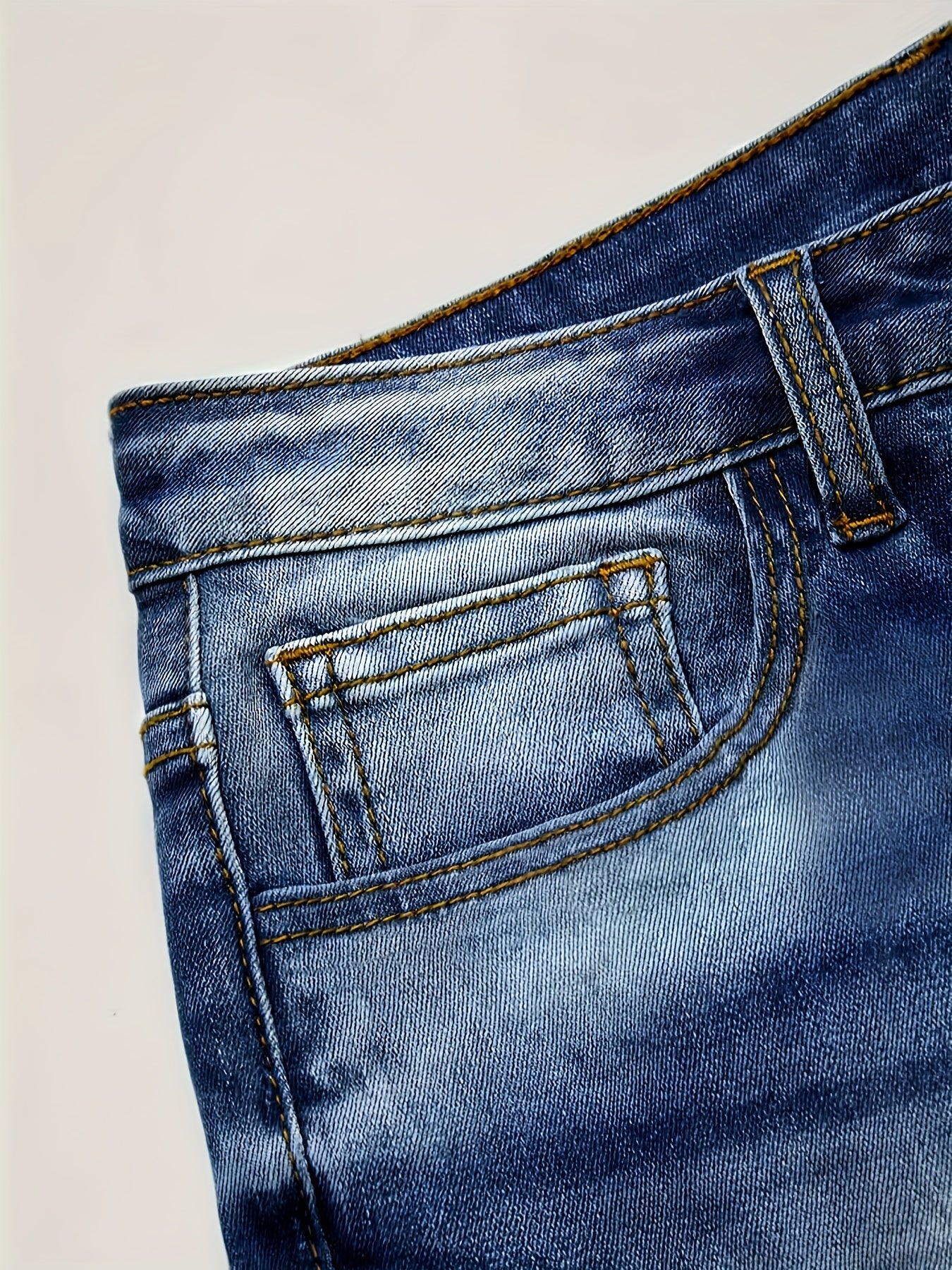 Plus Size Women's High Waist High Elastic Blue Distressed Denim Skinny Pants - Front Row Buttons, Rolled Hem, Retro Casual Oversized Comfort Trousers