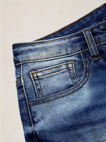 Plus Size Women's High Waist High Elastic Blue Distressed Denim Skinny Pants - Front Row Buttons, Rolled Hem, Retro Casual Oversized Comfort Trousers