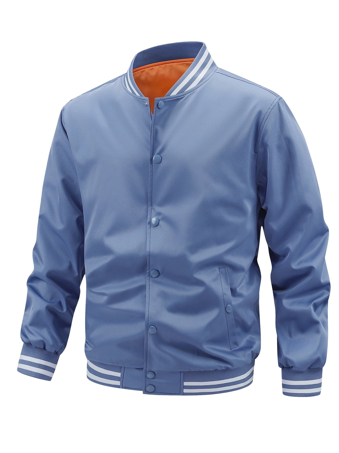 Men'S Plus Size Lightweight Varsity Jacket - Preppy Style, Baseball Collar, Button-Up, Solid Color with Striped Accents, Polyester, Machine Washable & Dry Cleanable, with Pockets, Sports Jacket|Loose Fit Jacket|Glossy Finish Jacket, PLUS SIZE