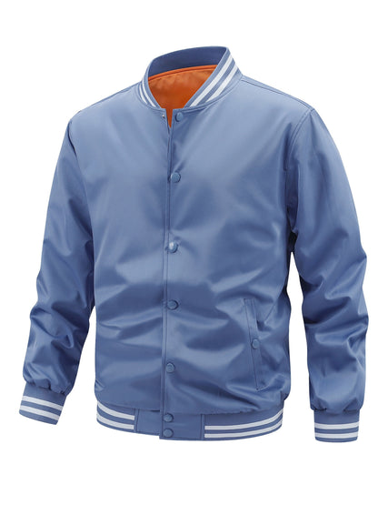 Men'S Plus Size Lightweight Varsity Jacket - Preppy Style, Baseball Collar, Button-Up, Solid Color with Striped Accents, Polyester, Machine Washable & Dry Cleanable, with Pockets, Sports Jacket|Loose Fit Jacket|Glossy Finish Jacket, PLUS SIZE