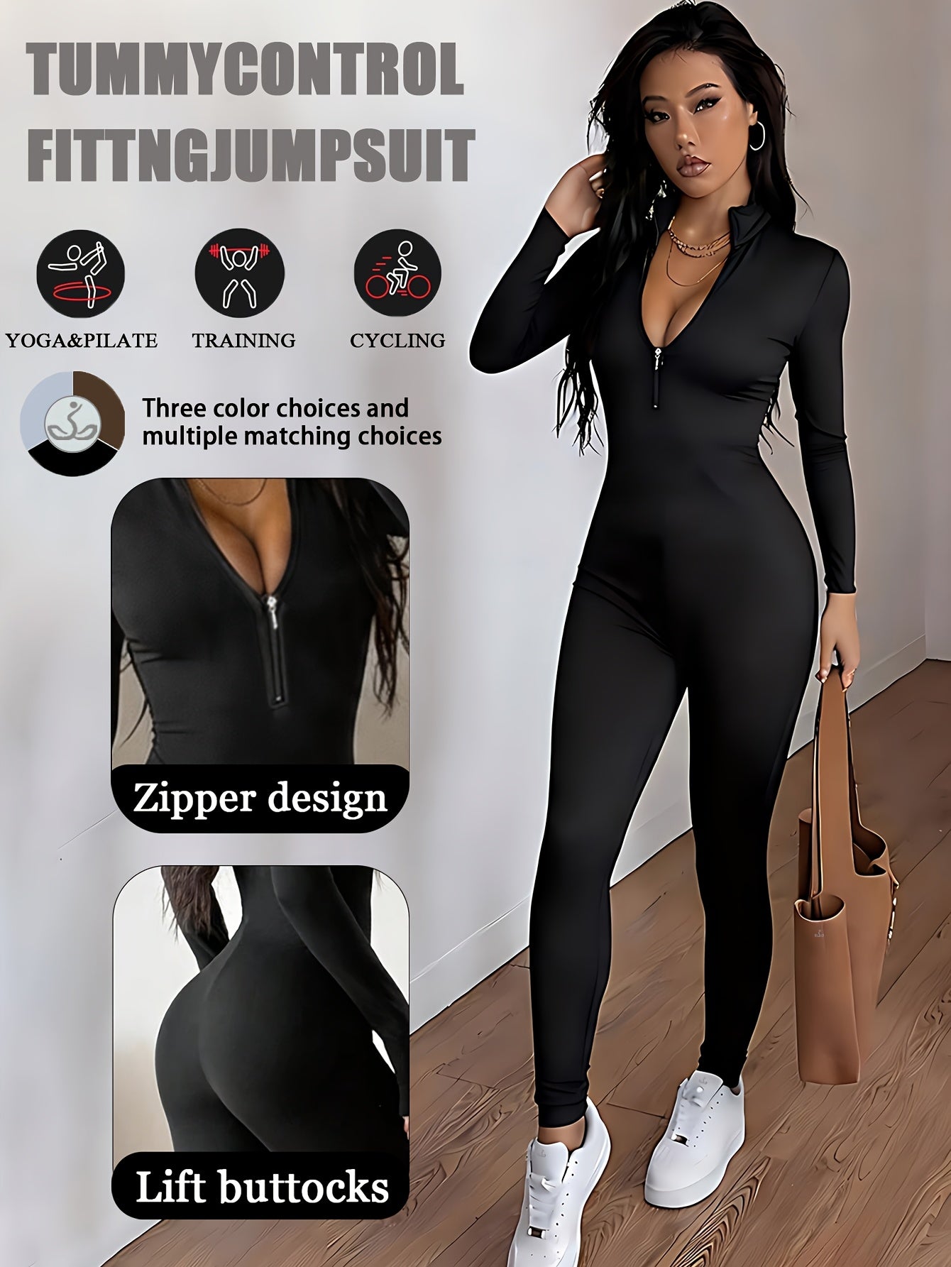 Women'S Solid Color Long Sleeve Skinny Jumpsuit, Front Half Zipper Design, Comfortable And Slim-fitting Jumpsuit, Casual And Versatile, Suitable For Cycling, Running, Yoga, Tennis And Other Training.