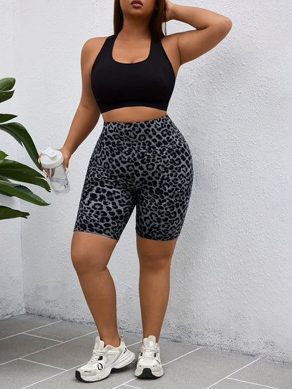 PLUS Size High Waist Leopard Print Sport Shorts With Side Pocket - Spring Summer New Arrivals