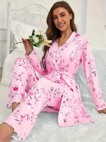 3pcs Floral And Butterfly Print Pajama Set - Long Sleeve Belted Robe & Cami Top & Pants Lounge For All Seasons