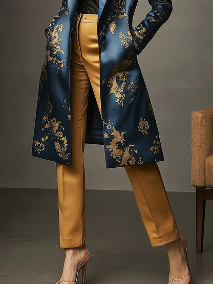 Elegant Fashion Casual Golden Floral Print Stain Overcoat, Baroque Style, Single Button Double Pocket Long Sleeves Long Blazer, Smooth And Delicate Feel, Suitable for Formal And Casual Occasions
