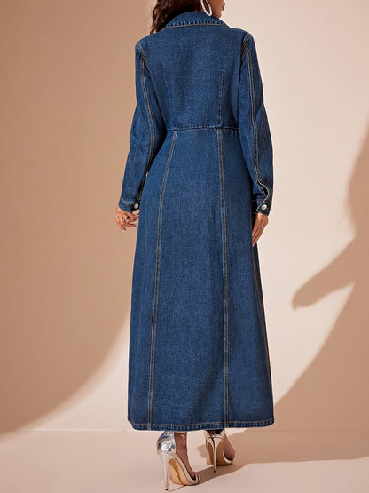 Women'S Vintage Single-Breasted Waist-Cinching Denim Dress, Long-Sleeved Lapel Slim-Fit Denim Coat-Style Maxi Skirt, Versatile Casual Dress for Spring, Autumn And Winter Suitable for Various Occasions