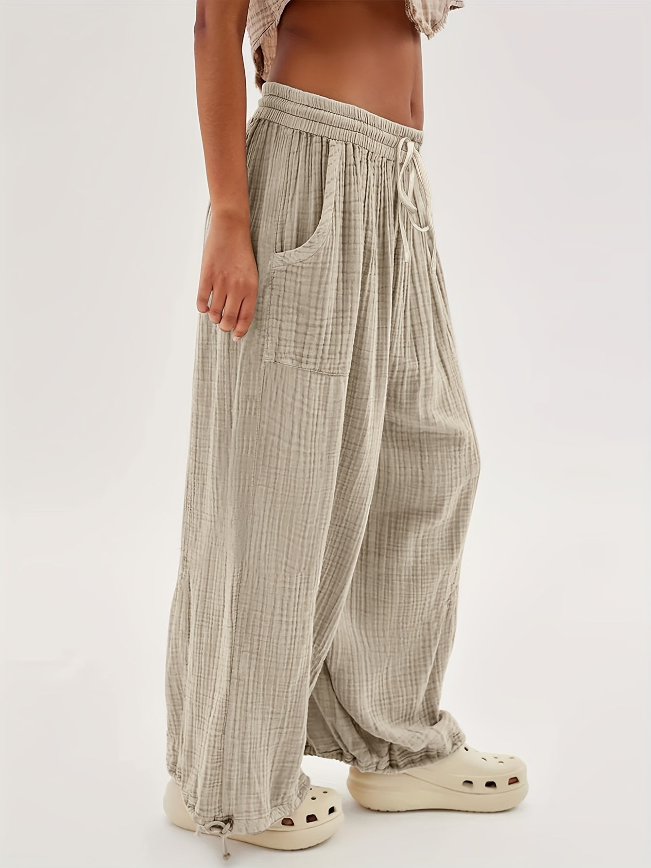 Autumn And Winter Women's Casual Pants, Khaki, Pockets, Wide Legs, Drawstring, Loose Fit, Everyday Commuting Wide-leg Pants.