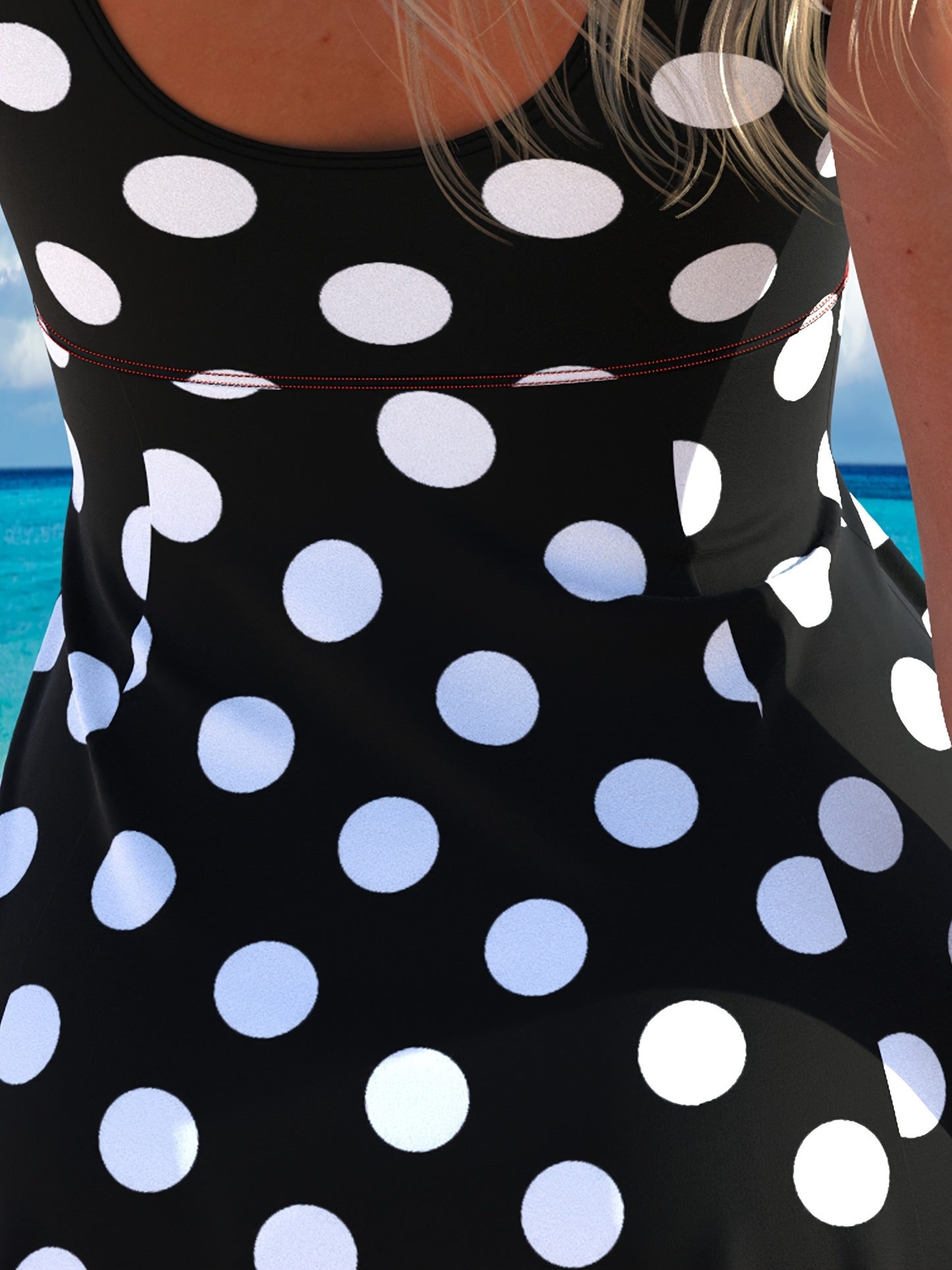 Women'S Polka Dot Print Sleeveless Swimsuit Set, Off Shoulder Design, Made Of High Stretch Polyester And Spandex Fabrics, Knitted Swimsuit With Shorts, Suitable For Beach Wear