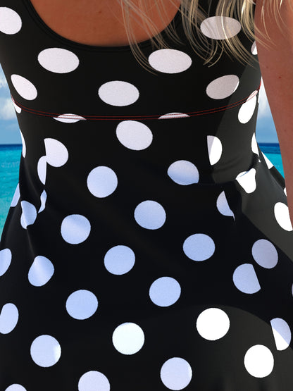 Women'S Polka Dot Print Sleeveless Swimsuit Set, Off Shoulder Design, Made Of High Stretch Polyester And Spandex Fabrics, Knitted Swimsuit With Shorts, Suitable For Beach Wear