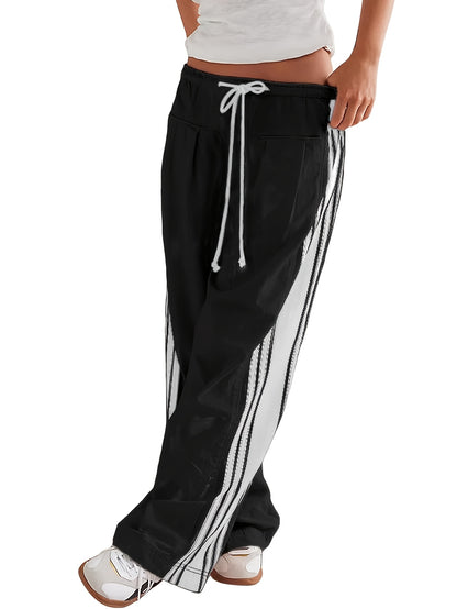 Women's Wide Leg Pants Drawstring High Rise Side Striped Slouchy Palazzo Pants with Pockets