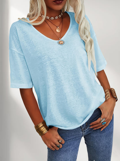 Women Fashion V-Neck Half Sleeves Oversized T Shirt Solid Casual Loose Basic Tops