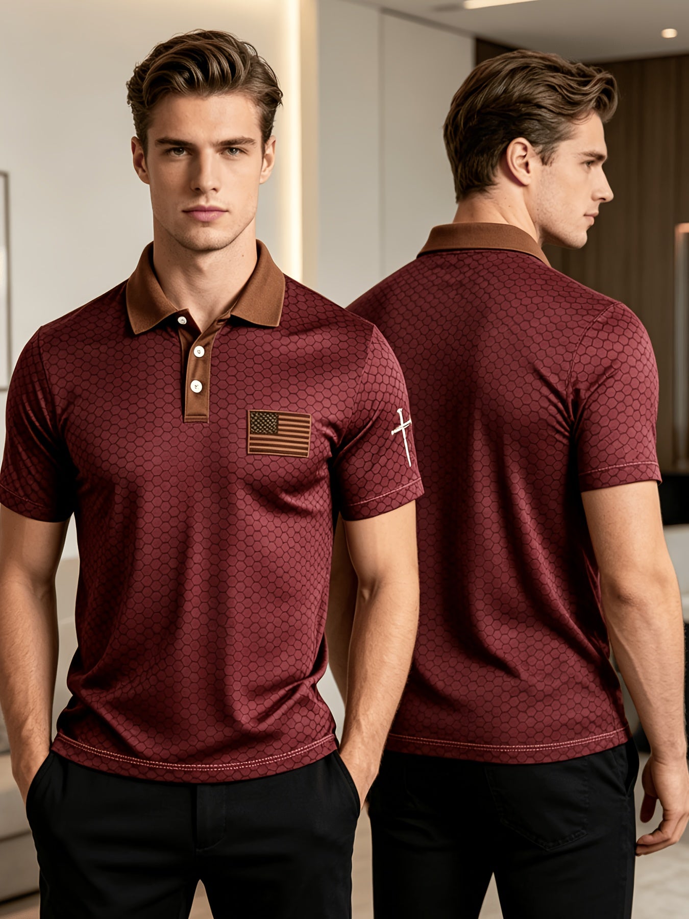 American Flag Gradient Cross Print Polo Shirt for Men's Casual Lapel Short Sleeved Patriotic Themed Commuting Top, American Flag Armband Contrasting Striped Short Sleeved Casual Business Lapel Top