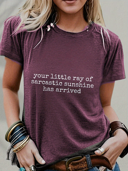 Women's Funny Slogan T-Shirt "Your Little Sarcastic Sunshine" - Short Sleeve Casual Round Neck Tee with Witty Lettering, Sarcastic Humor Apparel for Daily Wear, Machine Washable Comfortable Statement Shirt