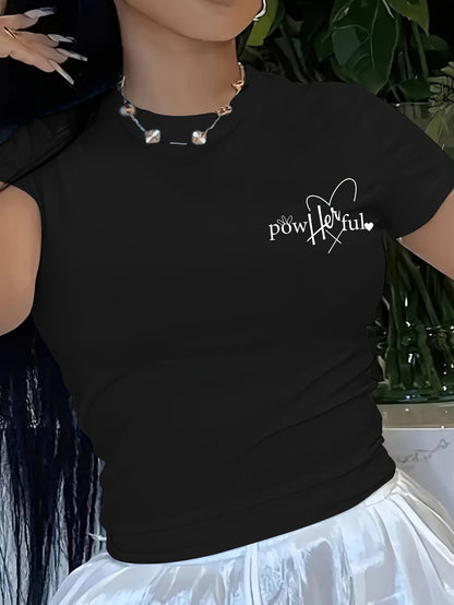 Short T-Shirt for Women with Inspirational Print - "She Overcomes Everything" Back Design, Casual Summer Top with Short Sleeves, Medium Stretch Crew Neck, Machine Washable, Motivational Text Design, Comfort Fit