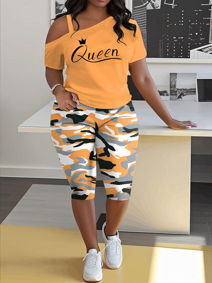 Plus Size - Ladies Plus Size Daily Casual One-Shoulder Short Sleeve Two-Piece Outfit, Diagonal Shoulder Design, Slim Fit Camouflage Pants Suit With Letter Print.