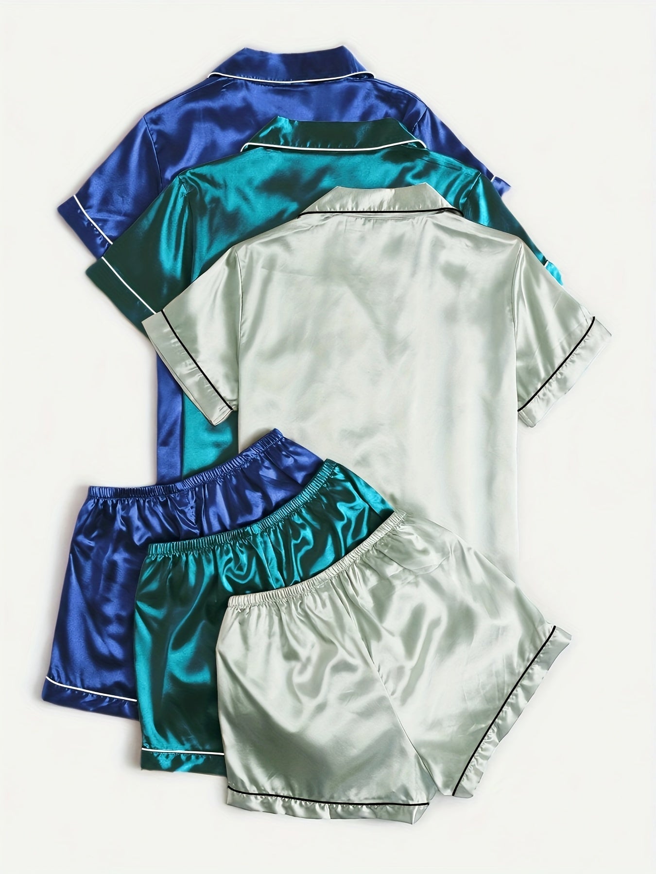 Casual, Fashionable, and Comfortable 6pcs Set in 3 Colors: Solid, Plain, Satin, and Satin Trim Short-Sleeve Shirt & Elastic Waist Shorts Pajama Set