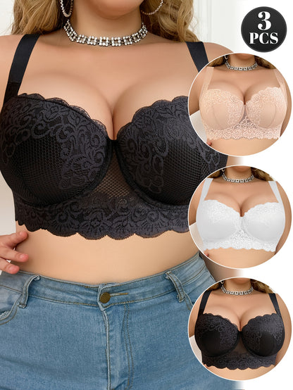 3pcs Large Size Women' Elegant Lace Underwire Bra - Full-Coverage Lift Suitable for Daily Wear & Special Occasions, Adjustable Shoulder Straps, Non-Detachable Pads, Boning, Shipped from Local Warehouse (Hand Washable)