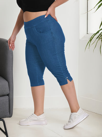 Women's Soft Elastic Waist Pull-On Capri Pants, Lightweight Breathable Trousers for Casual And Rivet Detail On Leg Open And Slit