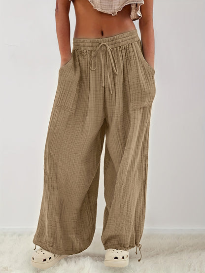 Spring And Summer Women's Casual Pants, Khaki, Pocket, Wide Leg, Tie, Loose, Daily Commuting Wide Leg Pants Womens Summer Clothes