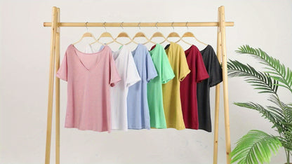 Women Fashion V-Neck Half Sleeves Oversized T Shirt Solid Casual Loose Basic Tops