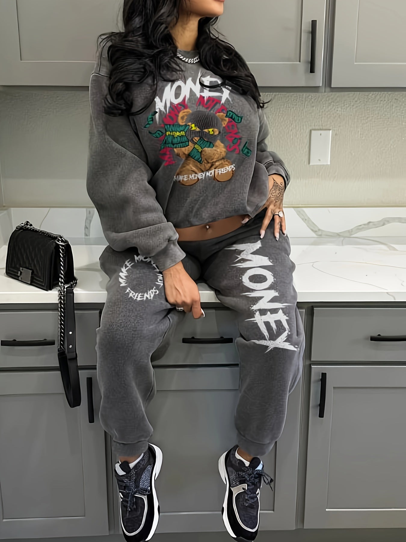 Women's Cozy Brown Sweatshirt & Jogger Set with "Money" Graphic - Casual Crew Neck, Long Sleeve, and Pants with Drawstring Waist - Perfect for Fall and Winter, Allseason Outfit|Playful Graphic Set|Comfortable Fit