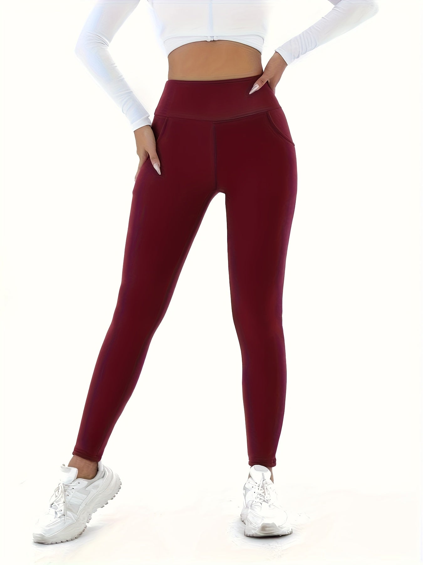 Women's High-Waisted Leggings with Pockets - Warm, Stretchy Faux Blend Casual Trousers, Perfect for Autumn and Winter, Features an Elastic Waistband, Winter Leggings | Comfortable Winter Fashion | Plush Lining
