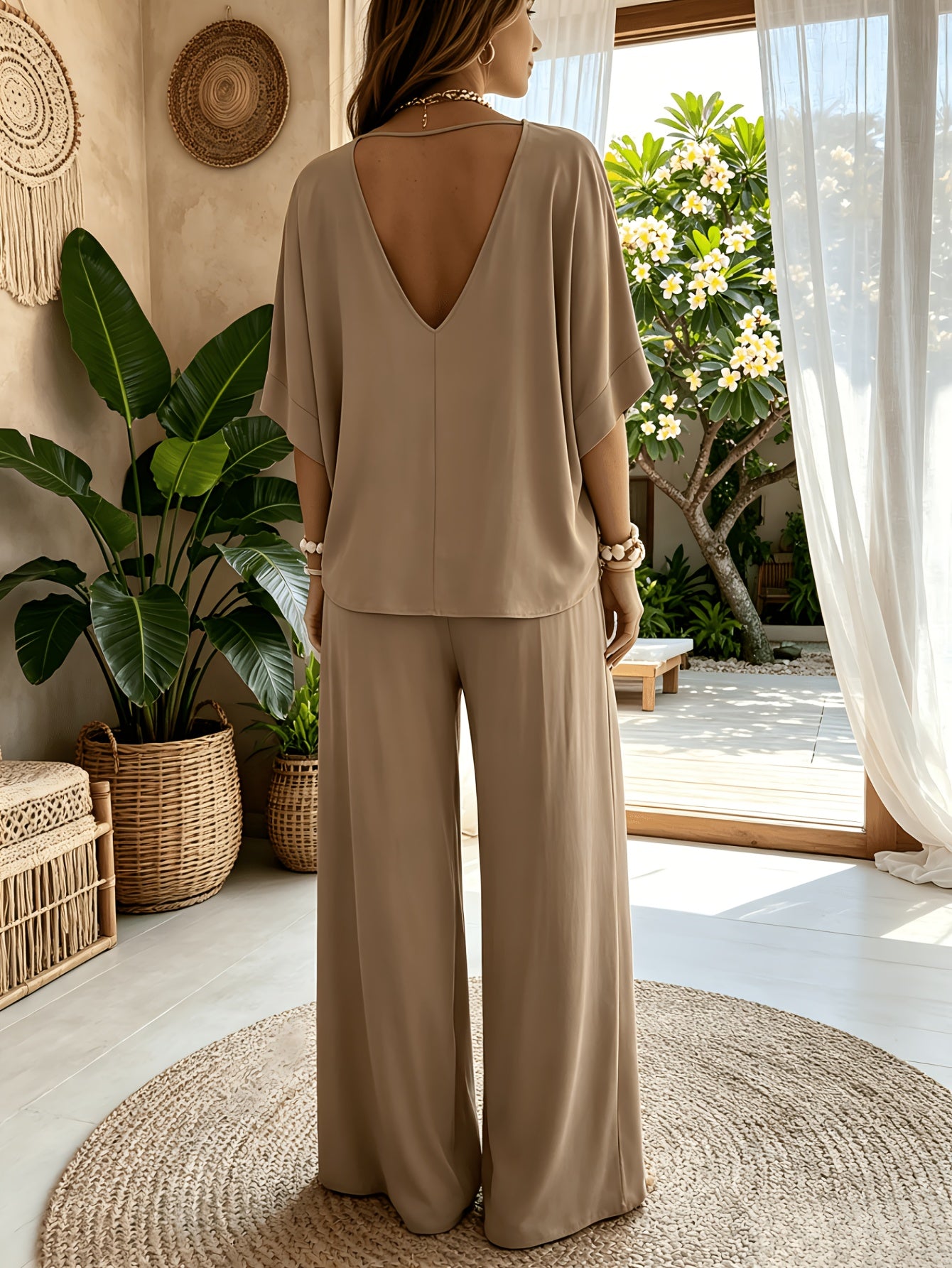Women'S 2pcs V-Neck Wide Leg Pants Set - Boho Short Sleeve Loose Top & Drawstring Waist Outfit, Summer Beach Loungewear For Vacation, Perfect For Holiday And Daily Wear