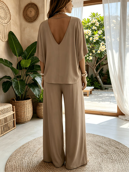 Women'S 2pcs V-Neck Wide Leg Pants Set - Boho Short Sleeve Loose Top & Drawstring Waist Outfit, Summer Beach Loungewear For Vacation, Perfect For Holiday And Daily Wear