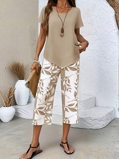 [2pcs Set] Plus Size, Spring/Summer Women's Casual Plus-Size 2pcs Set: Light Blue Short-Sleeve Crew Neck Top with Blue and White Leaf Print, Cropped Wide-Leg Pants. Loose, Comfortable, Versatile Outfit for Daily Outings, Home, and Commuting