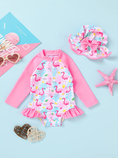 Baby Girl Swimsuit One-Piece Long Sleeved Sunscreen Suit with Hat Set Zipper Swimsuit Cute Strawberry Flower Mermaid Flamingo Beach Outfit