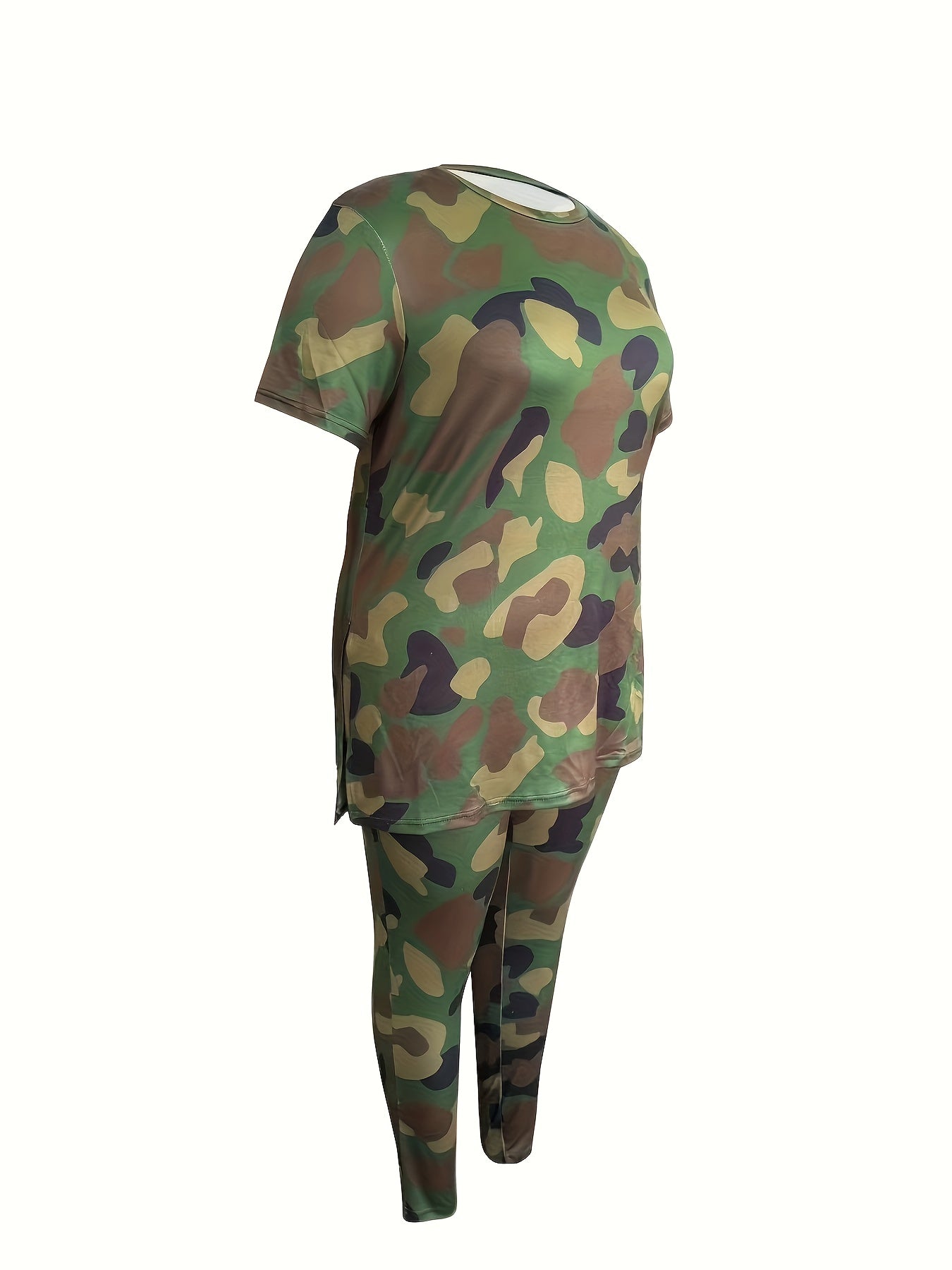 Plus Size Ladies' Fashion Short-Sleeved Trousers Two-Piece, Full-Body Camouflage Suit, Coat Side Split, Trousers with Pockets, Comfortable And Elastic Ladies' Daily Leisure Suit