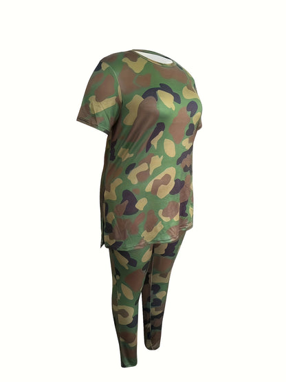 Plus Size Ladies' Fashion Short-Sleeved Trousers Two-Piece, Full-Body Camouflage Suit, Coat Side Split, Trousers with Pockets, Comfortable And Elastic Ladies' Daily Leisure Suit