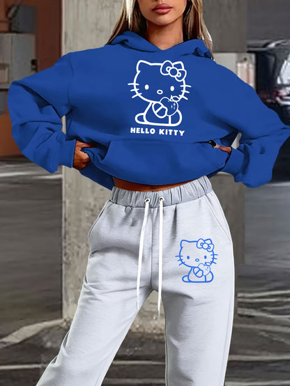 Women's Autumn and Winter Fashion Casual Sweater Casual Pants 2pcs Set, Printed with Sanrio Hello Kitty Pattern Print Design, Women's Casual Pants Set, Fashion Hooded Sweater + Drawstring Trousers 2pcs Set, Loose Version