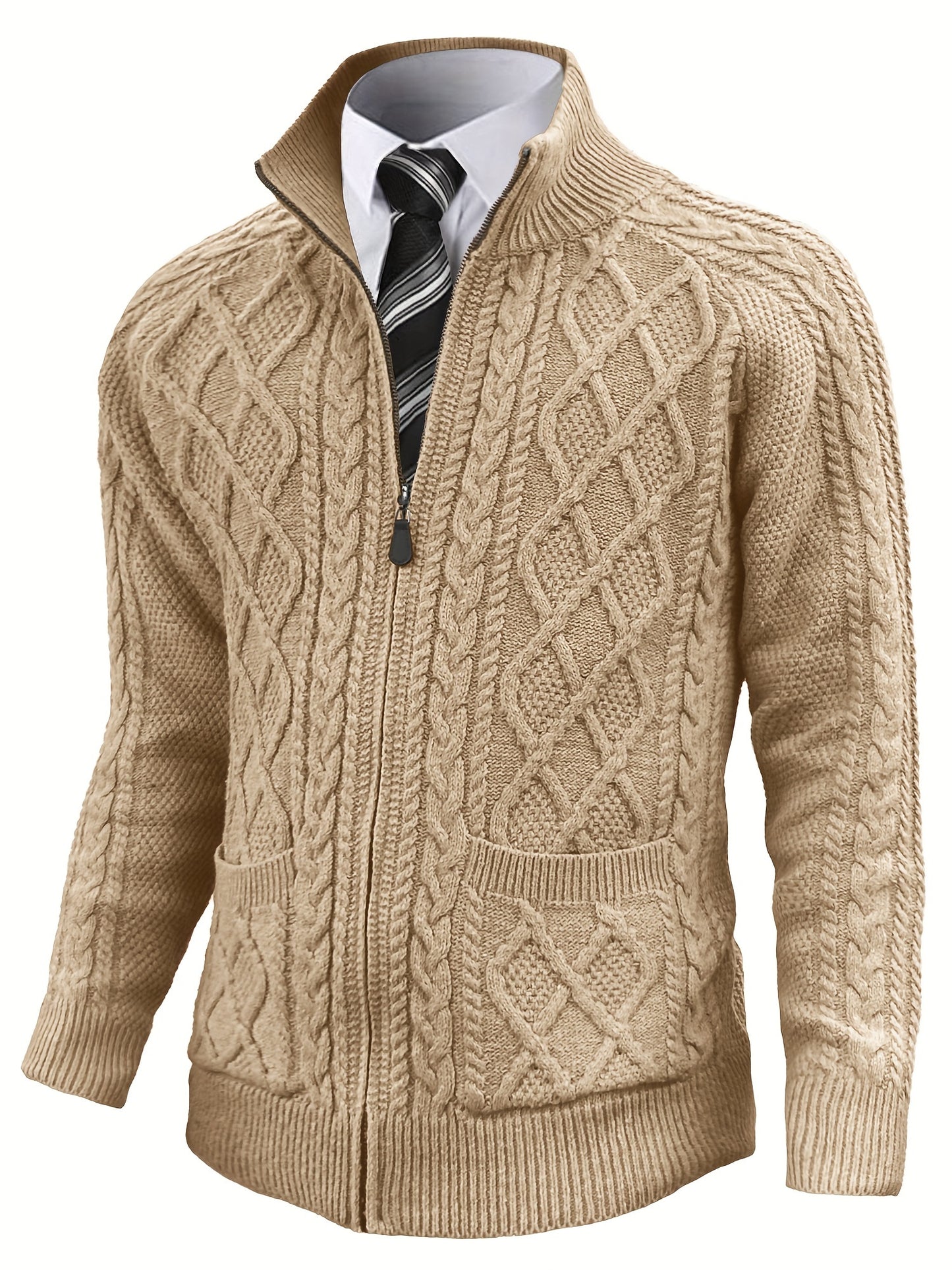 Men'S Cardigan Sweater, Solid Color Cable Knit Full Zipper Sweater, Casual And Warm Sweater For Autumn And Winter, A Good Gift For Friends, Or A Blind Box Gift.