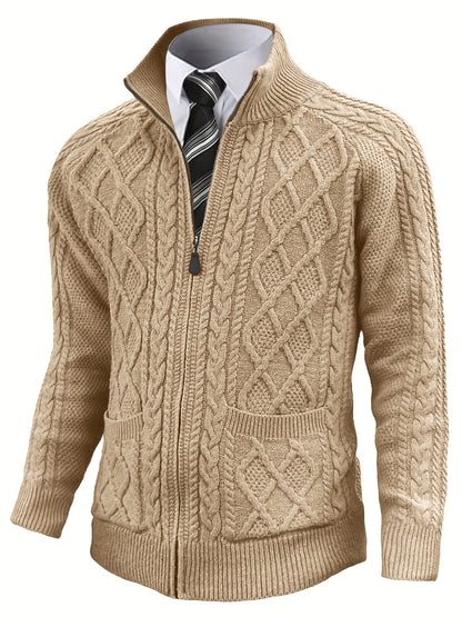 Men'S Cardigan Sweater, Solid Color Cable Knit Full Zipper Sweater, Casual And Warm Sweater For Autumn And Winter, A Good Gift For Friends, Or A Blind Box Gift.