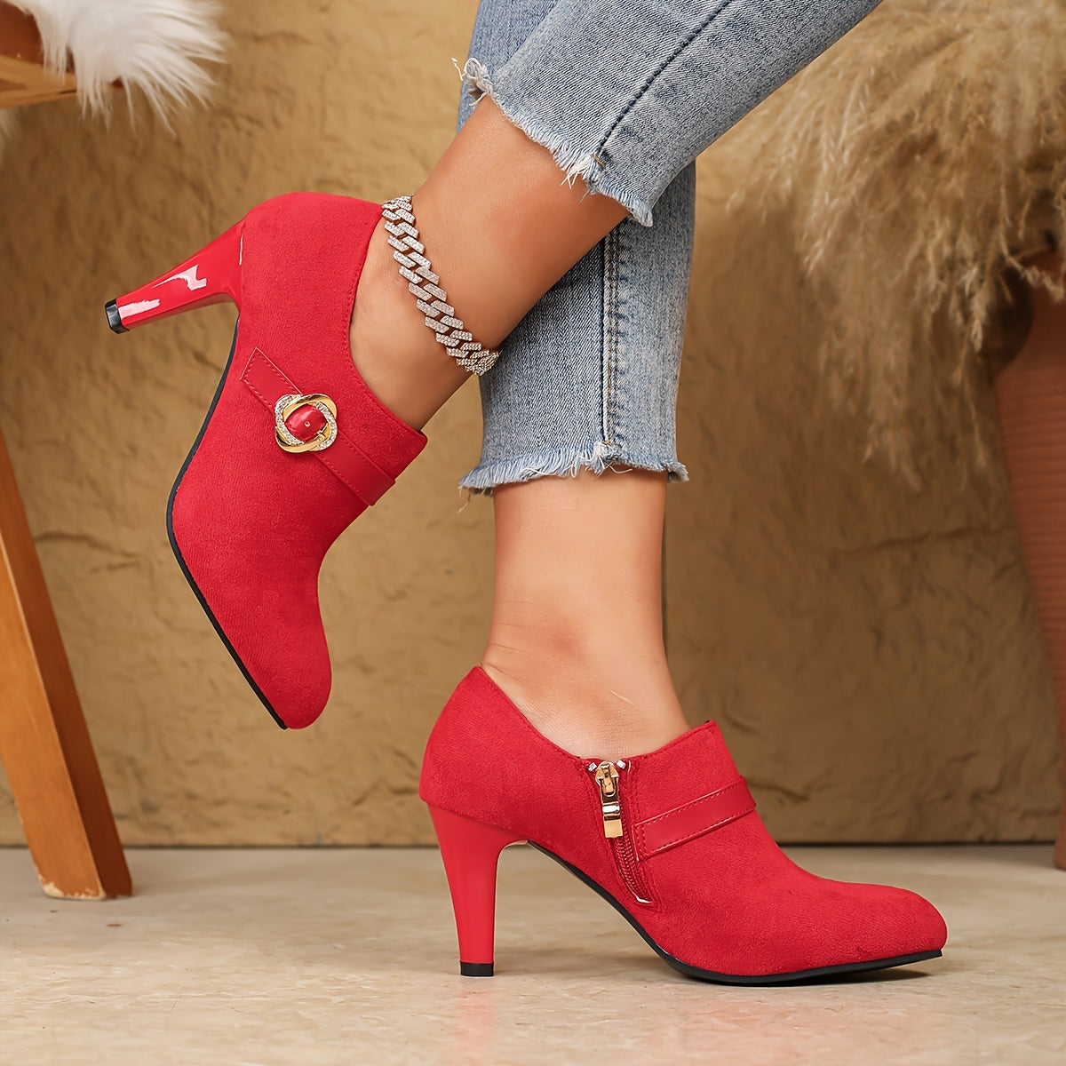 Elegant Black Pointed-Toe High Heels with Side Zipper - Comfortable Faux Cover Ankle Boots for Women, Perfect for All Seasons