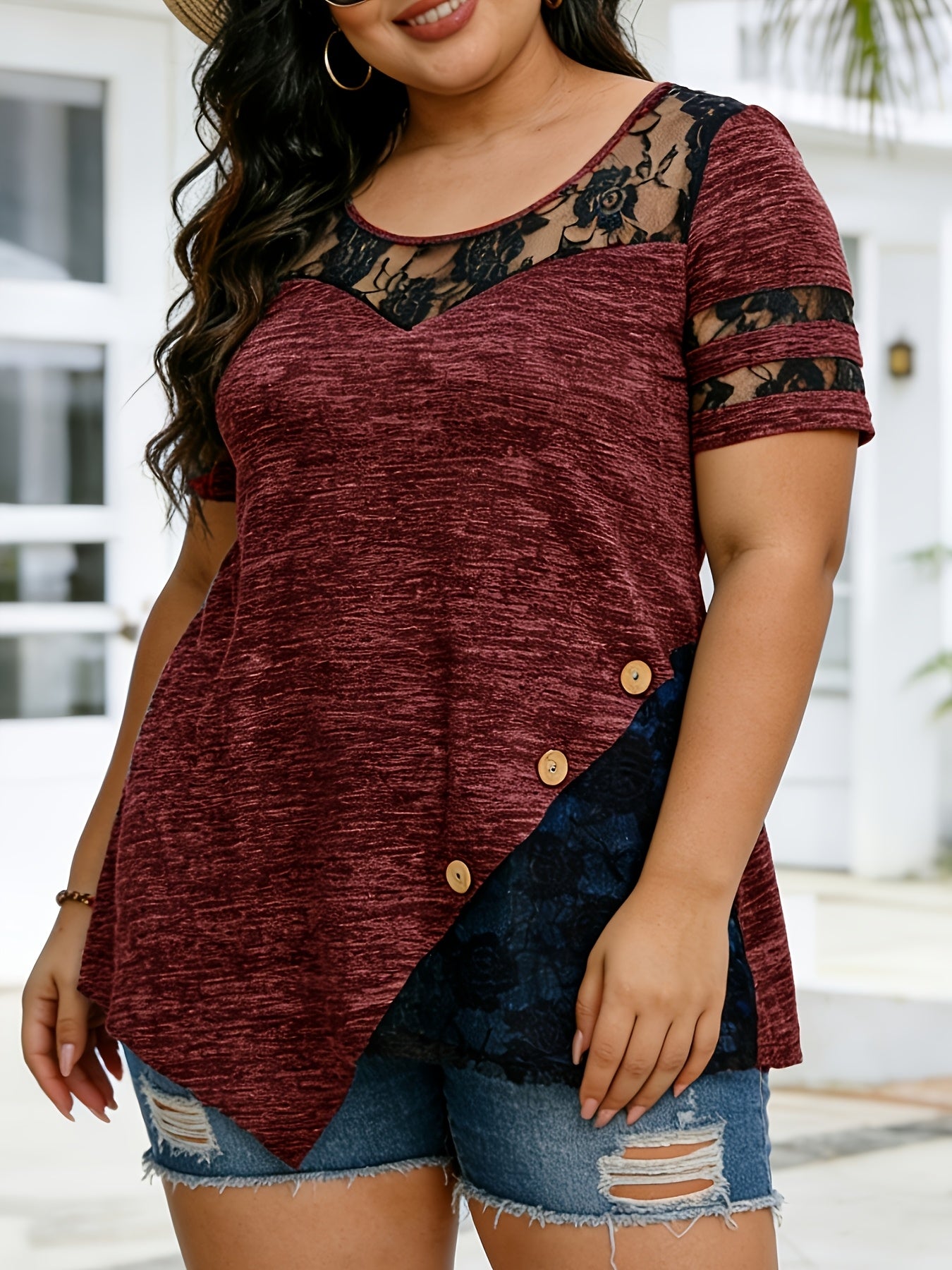 Plus Size - Plus Size - Women'S Plus Size Lace Trim Blouse Tops, Flattering V-Neck Tunic Shirt, Casual Dressy Elegant Tops, Flowy Tunic Top with Lace Sleeves, Comfort Stretch Blouse for Women, Loose Fit Shirt, Sizes XL-5X