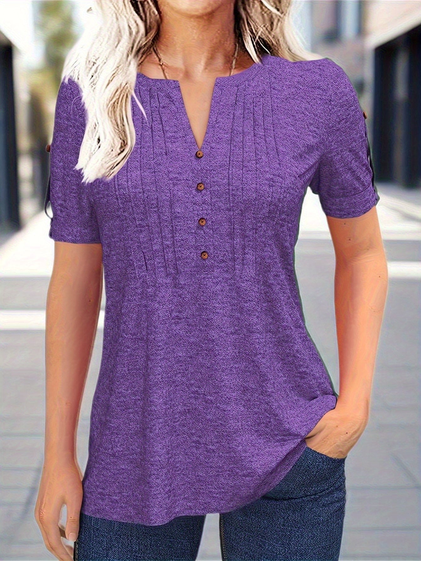 Casual Short-Sleeve Blouse for Women with a Solid Color, Featuring a Pleated Design, Buttoned V-Neck, And a Zipper