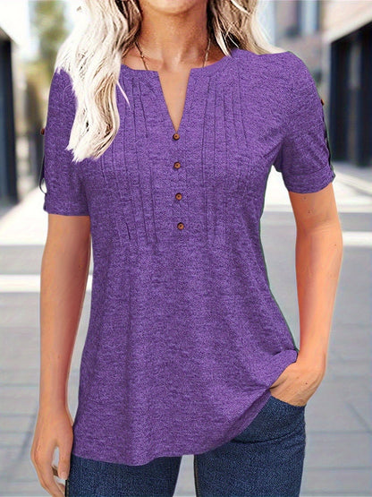 Casual Short-Sleeve Blouse for Women with a Solid Color, Featuring a Pleated Design, Buttoned V-Neck, And a Zipper