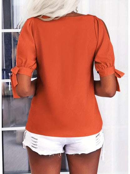 Women's Cold Shoulder Tops Short Sleeve V-Neck Casual Loose Cutout Summer Fashion Tshirts Blouse Shirts
