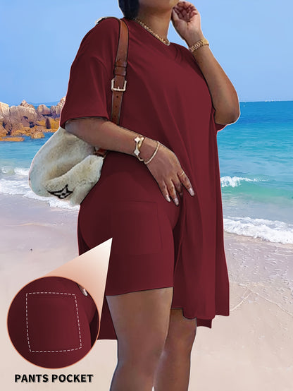 Two-Piece Outfit for Plus-Size Women Featuring a Casual V-Neck Short-Sleeve Top with Side Slits And Drawstring Leggings, Made from Comfortable, Ideal for Everyday Wear
