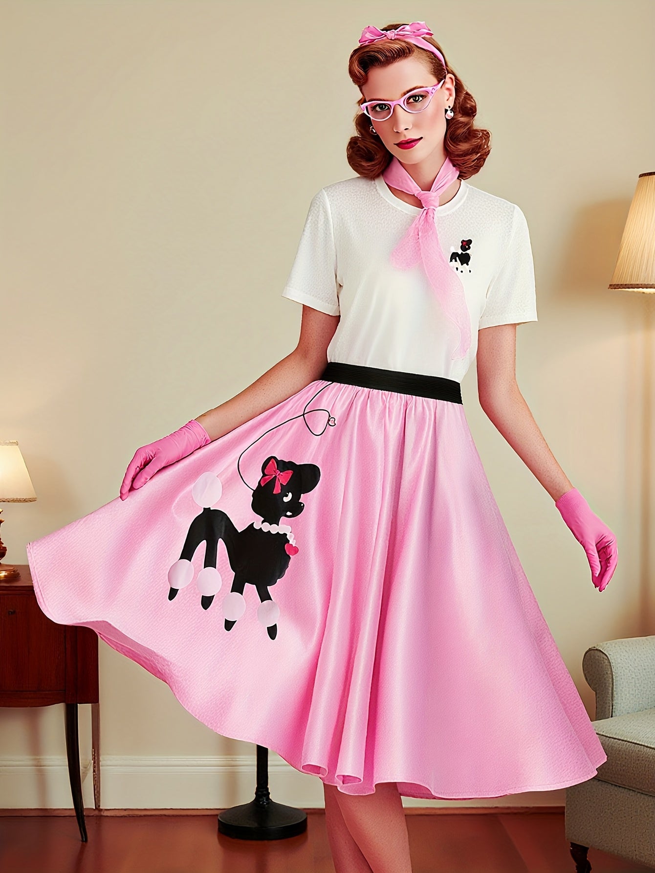 Ladies' Poodle Dress Set Retro Jumping Style 1950S Adult Women'S Halloween Costume T-Shirt Skirt Gloves, Scarf, Glasses, Earrings, Necklace Additions 8pcs Set