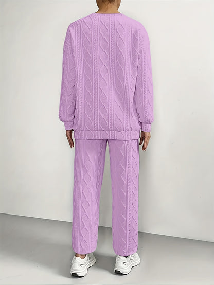 Women'S Sweatshirt Ensemble for Autumn/Winter 2025 - Featuring a Solid Color, Cable Patchwork, Long Sleeve Crew Neck Top And Cuffed Pants in a Two-Piece Outfit, Including a Pullover And Sweater, Perfect for Christmas And Fall