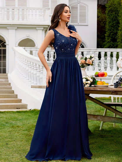 24451A Elegant Womens Mesh Deep V Neck Sequin Lace Maxi Dress, Sleeveless Applique Shoulder, Back V Neck, Ruched A Line Waist, High Thigh Slit Hem, Perfect For Formal Wedding Guest, Prom, Bridesmaid Party, Graduation Season, Wedding Season