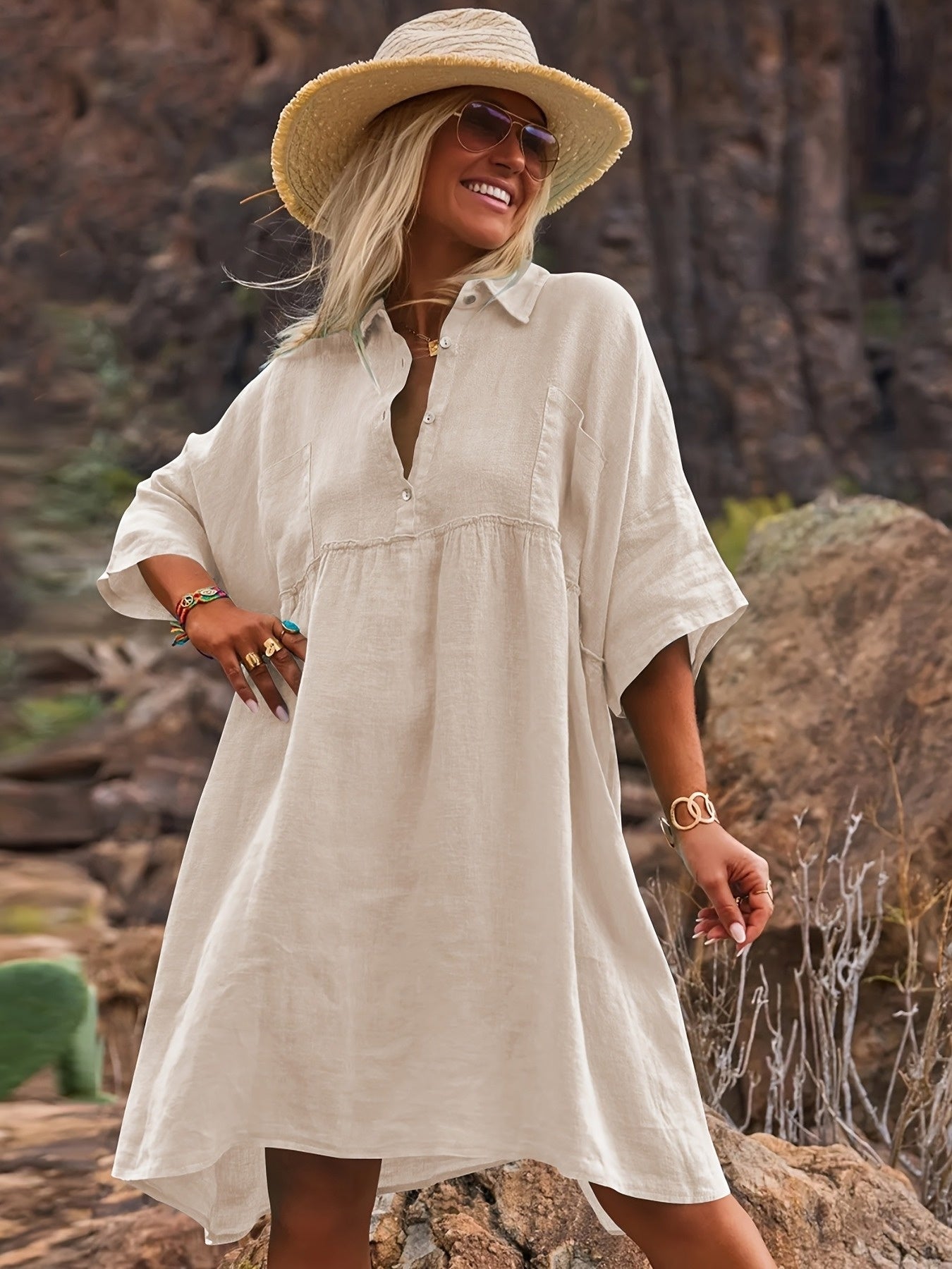 New Women's Loose Solid Color Collar Vacation Casual Button Art Style Fashionable Dress for Women