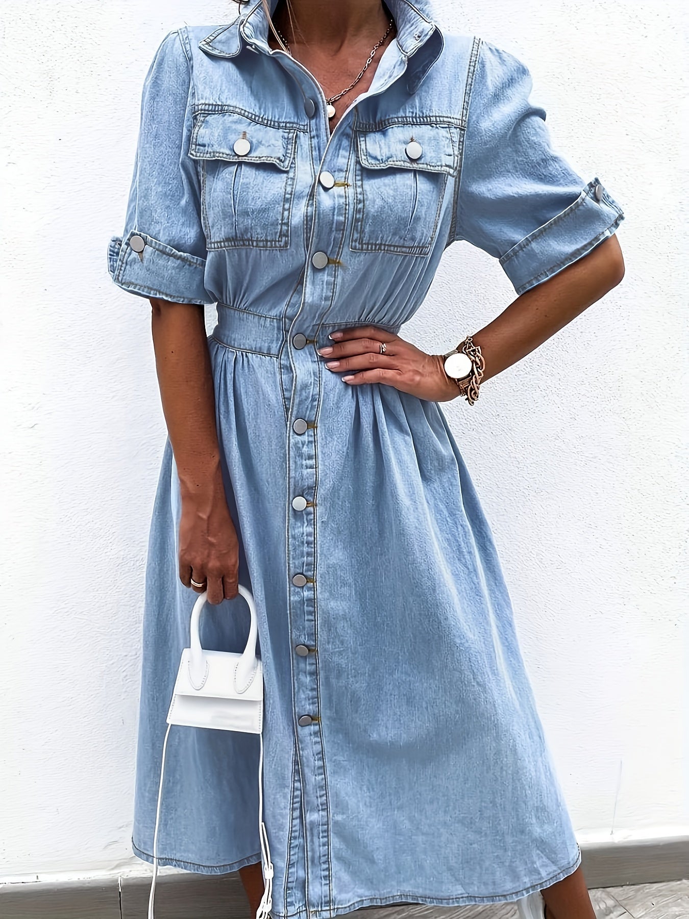 Cross Border Denim Skirt, Women'S Waist Trimming, Large Skirt Hem, Dress with Button Up V-Neck, Fashionable And Temperament, Women'S Skirt