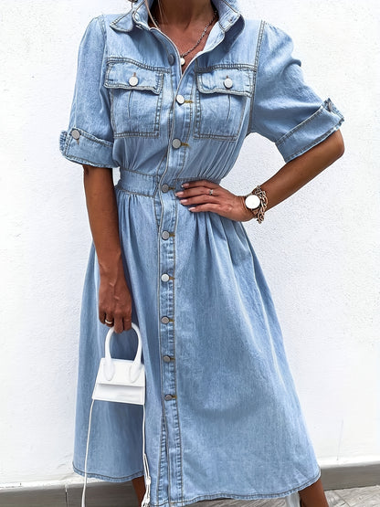 Cross Border Denim Skirt, Women'S Waist Trimming, Large Skirt Hem, Dress with Button Up V-Neck, Fashionable And Temperament, Women'S Skirt